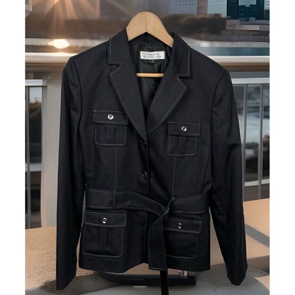 Tahari Arthur S. Levine Dark Gray Preppy Blazer 12 Tailored Belted Jacket Career - Picture 2 of 6